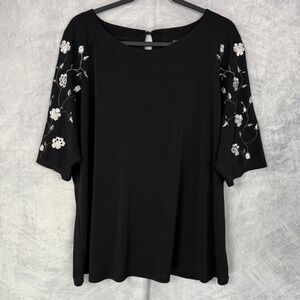 Roz & Ali Womens Embroidered Floral 3/4 Sleeve Top Plus Sz 2X dark romantic